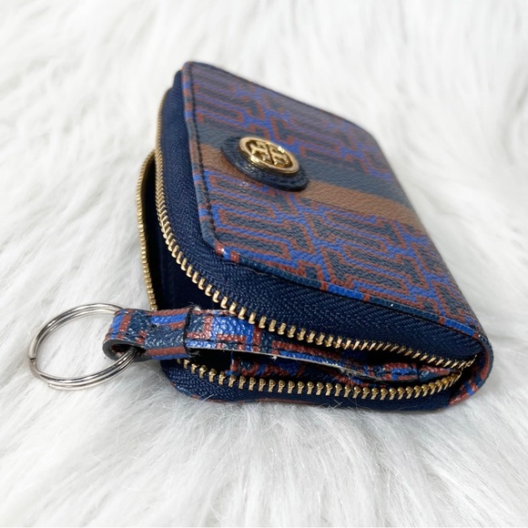 Tory Burch Blue Tan Leather T Logo Print Mini Key Card Wallet - Picture 4 of 7
